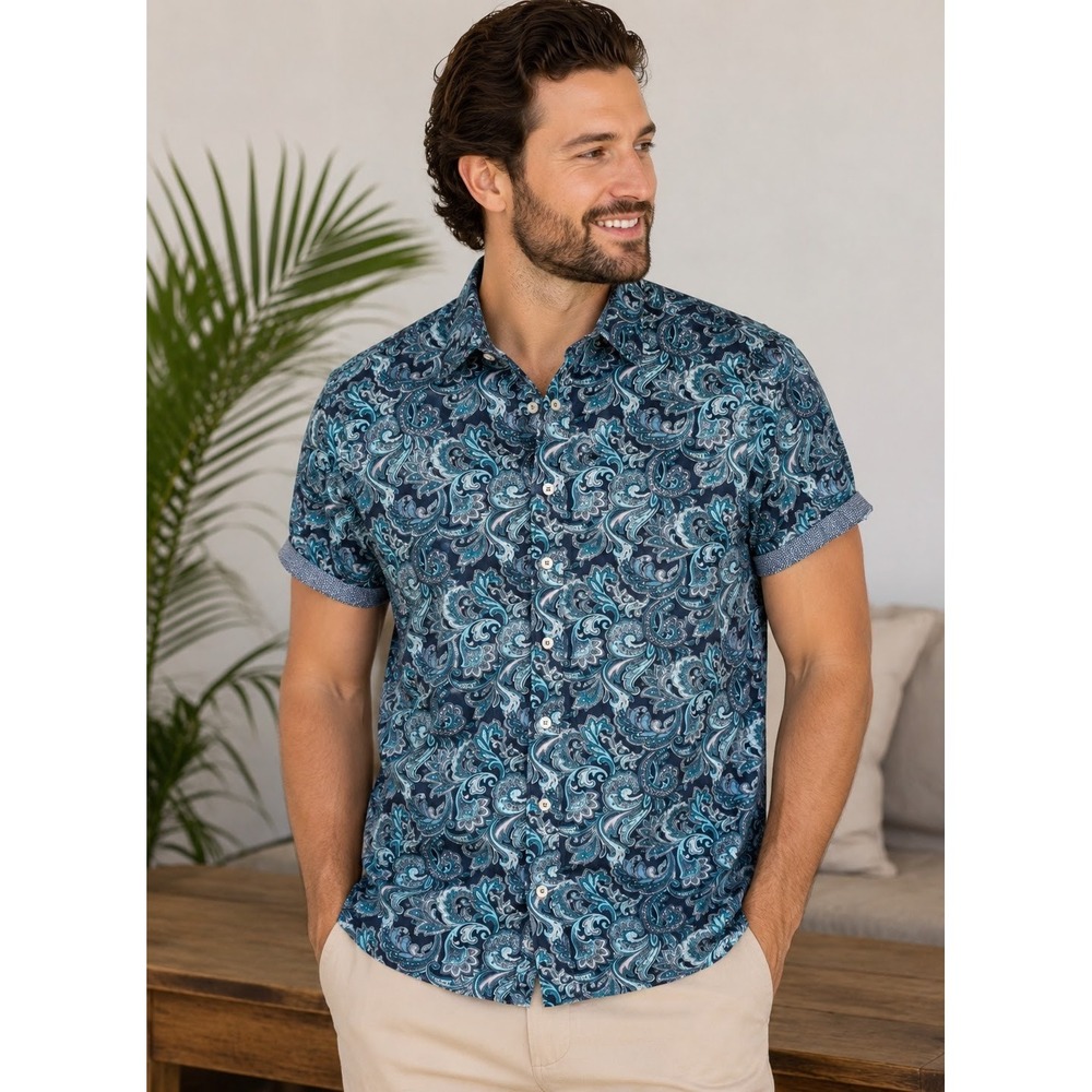 Signature Studio Mens Blue Paisley Short Sleeve Button Down Shirt Size M Preppy